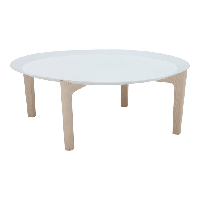 Round coffee table with a sleek white top and natural wooden legs, featuring a minimalistic, modern design.