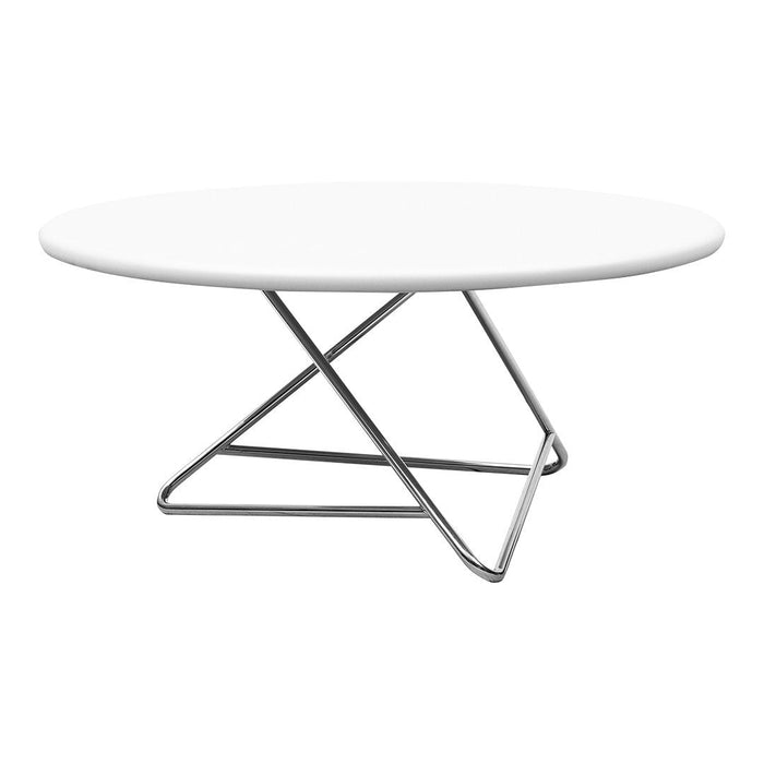 Round white coffee table with a sleek chrome base, featuring a minimalist design and smooth surface.