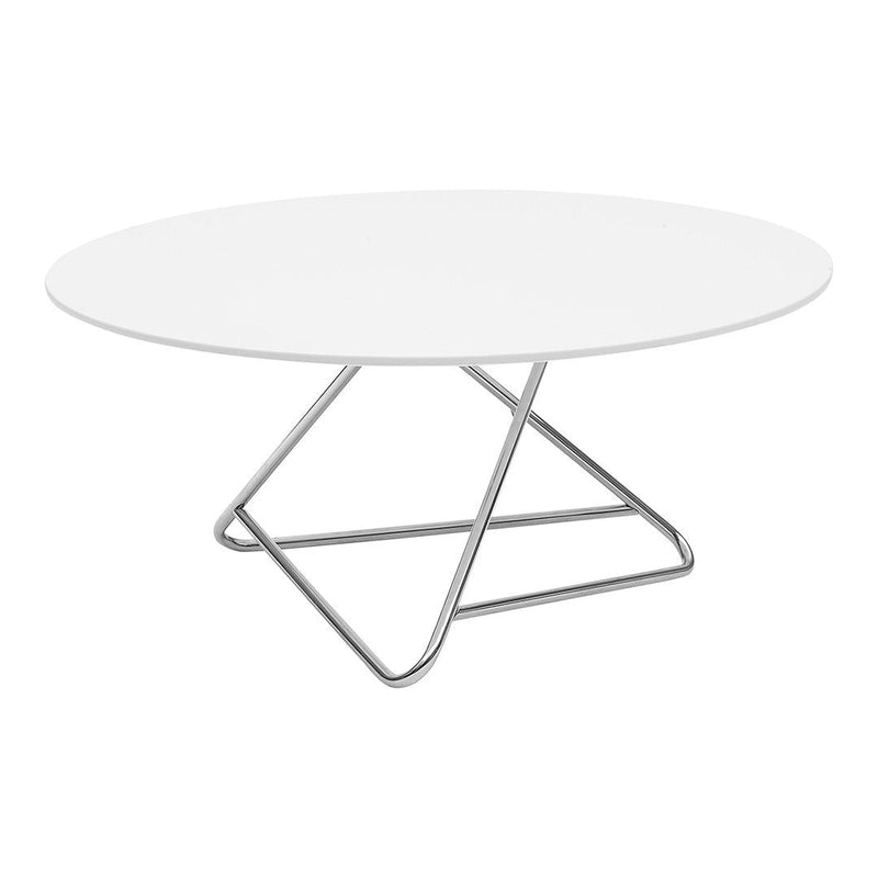 White round coffee table with a minimalist chrome base, featuring a sleek, modern design and smooth surface.