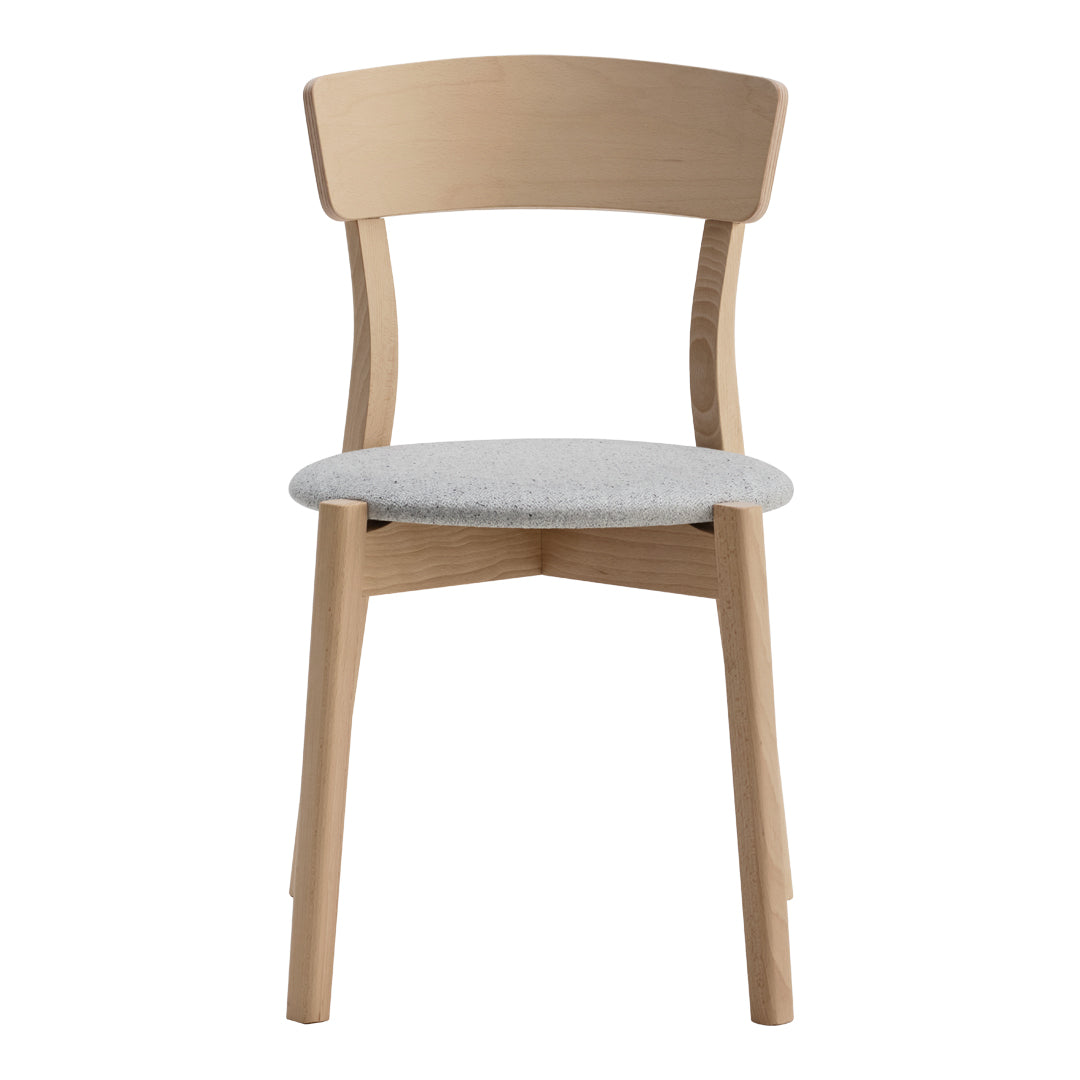 Lightly stained wood chair with a smooth, natural finish and a soft gray upholstered seat. Simple, modern design.