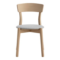 Lightly stained wood chair with a smooth, natural finish and a soft gray upholstered seat. Simple, modern design.