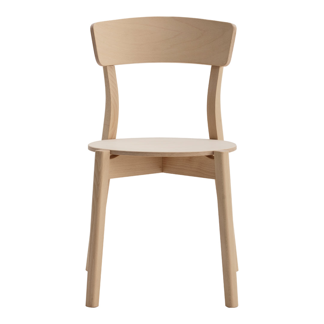 Light natural wood chair with a smooth finish and minimalist design, featuring a simple curved back and no patterns.