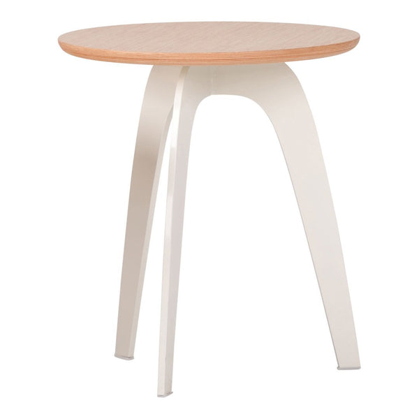 Round table with a natural wood top and sleek white legs, featuring a modern minimalist design.