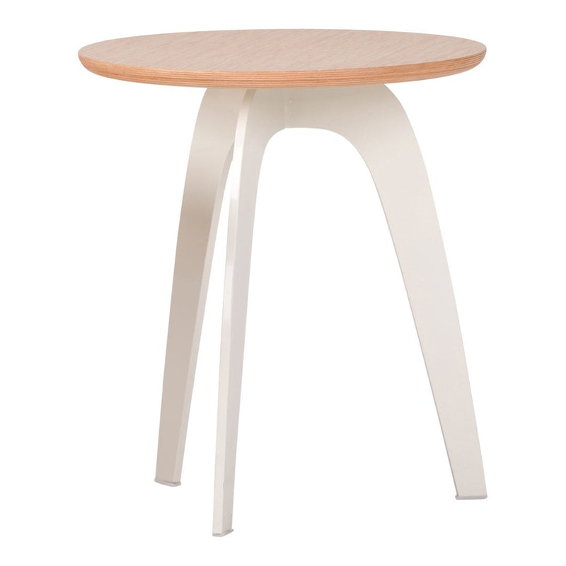 Round table with a natural wood top and sleek white legs, featuring a modern minimalist design.