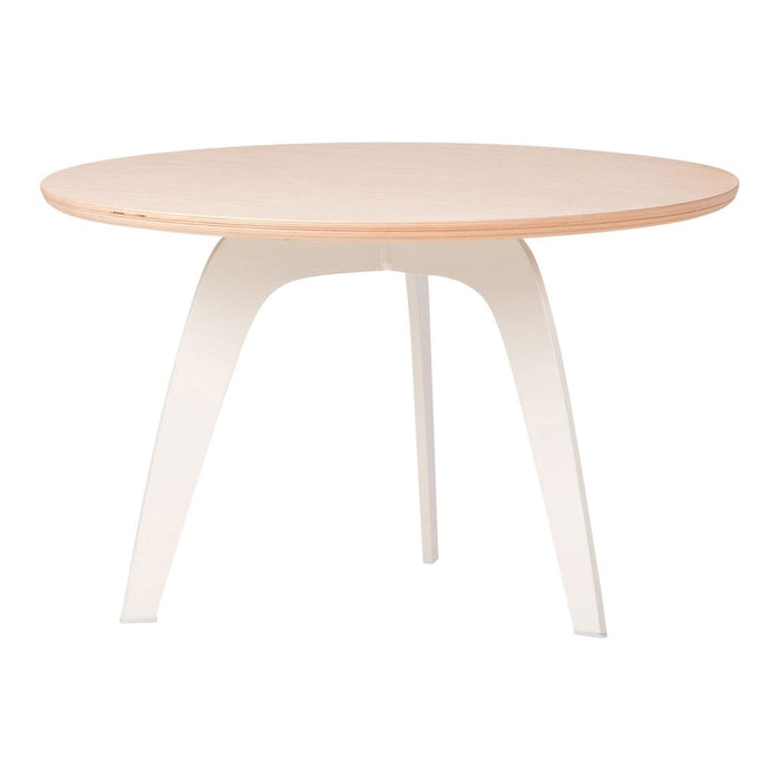 Round table with a smooth light wood top and sleek white legs, showcasing a modern minimalist design.