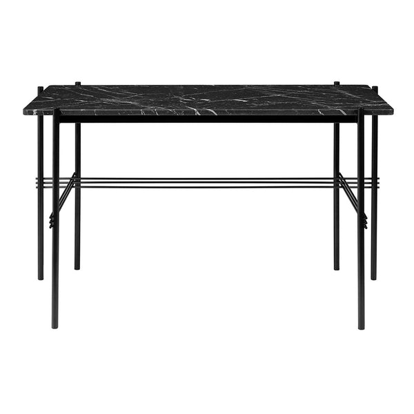 Black marble tabletop with white veining on a sleek black metal frame. Modern and stylish design perfect for any space.