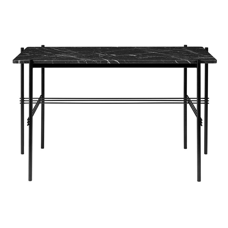 Black marble tabletop with white veining on a sleek black metal frame. Modern and stylish design perfect for any space.