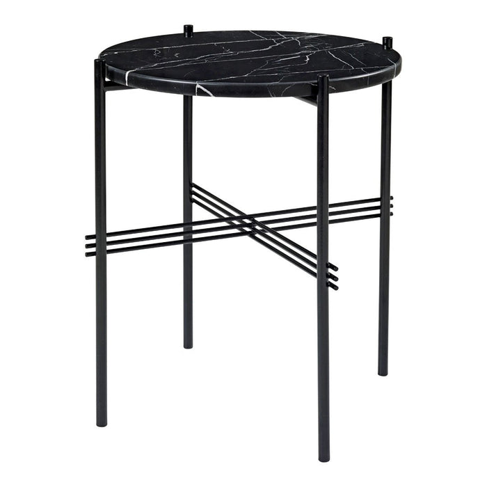Black marble round side table with striking white veining and sleek black metal legs. Ideal for modern decor.
