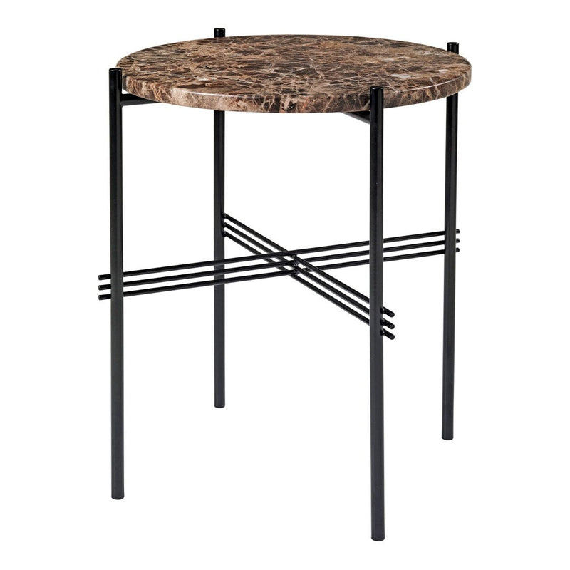 Round marble-top side table featuring brown and black patterns with sleek black metal legs.