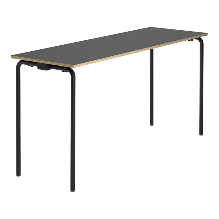 Black rectangular table with a sleek, minimalist design and natural wood-tone edges. Modern metal legs in matte black.