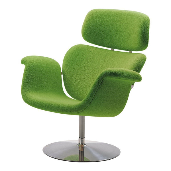 Vibrant green upholstered chair with a sleek chrome base and modern, curved design. Perfect for contemporary spaces.