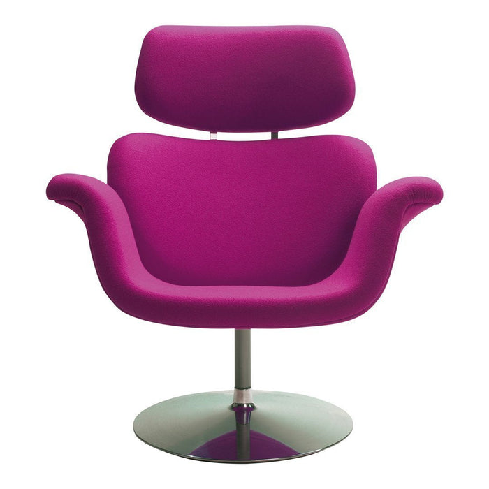 Vibrant fuchsia accent chair with a smooth fabric finish and a sleek chrome base. Ideal for modern home decor.