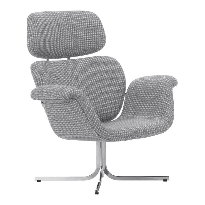 Gray upholstered chair with a textured checkered pattern and sleek metallic base. Ideal for modern interiors.