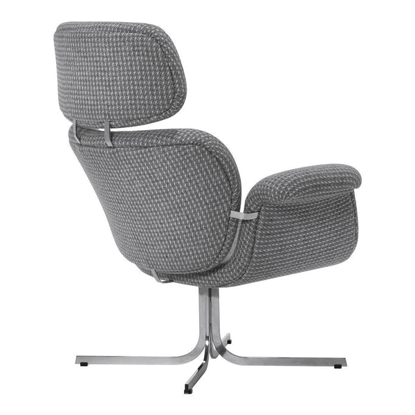 Gray patterned lounge chair with textured fabric and sleek metal base, offering modern elegance and comfort.