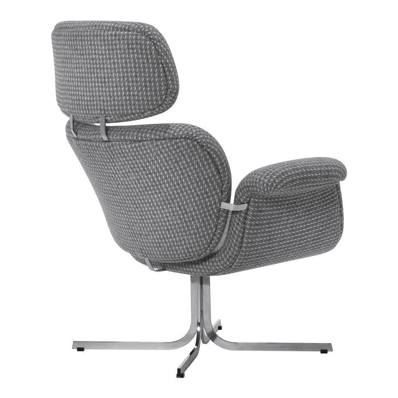 Gray patterned lounge chair with textured fabric and sleek metal base, offering modern elegance and comfort.