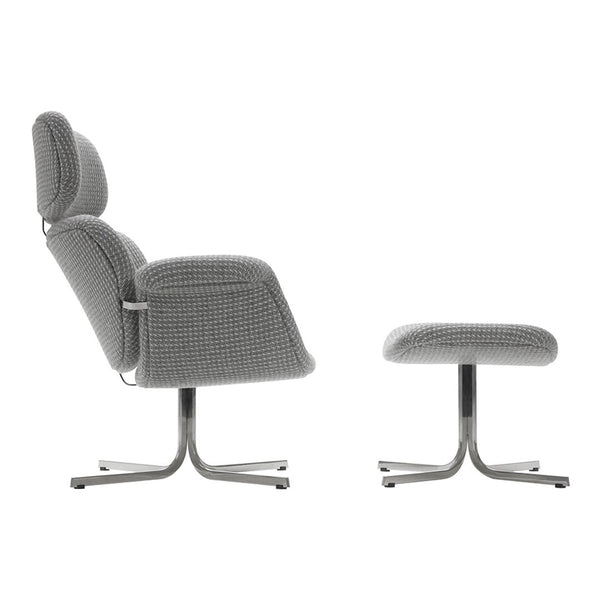 Gray upholstered chair with matching footrest, featuring a modern textured pattern and sleek metallic base.