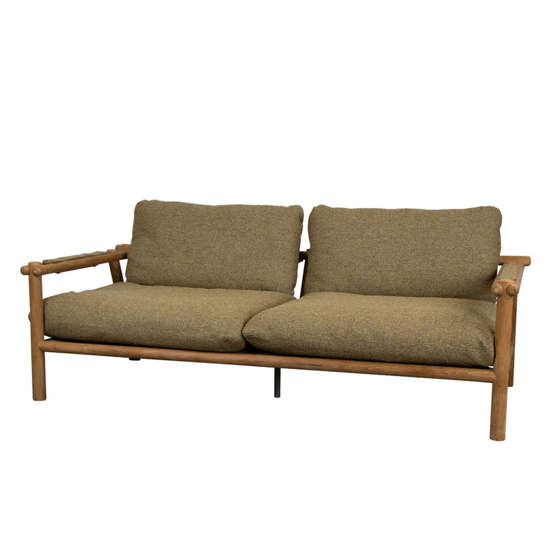 Olive green cushions on a minimalist bamboo frame, combining natural textures and earthy tones for a stylish look.