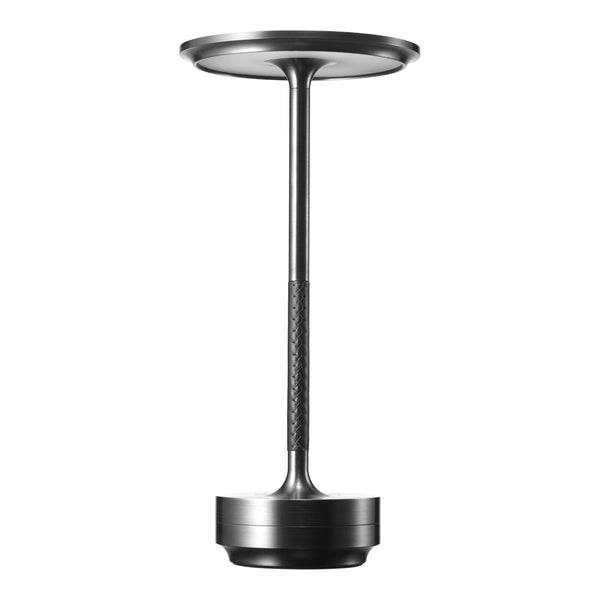 Sleek metallic black pedestal with a smooth, shiny top and textured handle for modern decor.