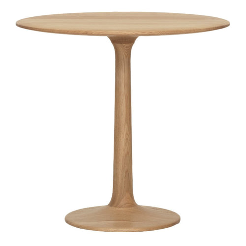 Round wooden table in light oak finish with a smooth, minimalist design and a single pedestal base.