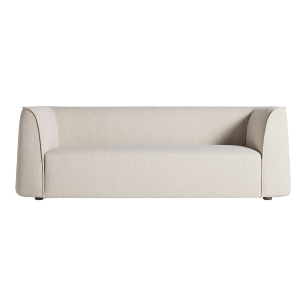 Soft beige sofa with a textured fabric, featuring a minimalist design and smooth, rounded edges. Perfect for modern decor.