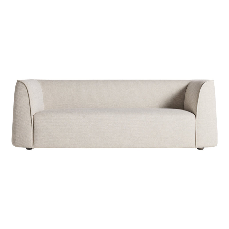 Soft beige sofa with a textured fabric, featuring a minimalist design and smooth, rounded edges. Perfect for modern decor.