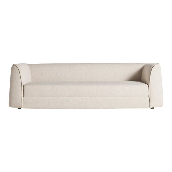 Beige upholstered sofa with a minimalist design and textured fabric, featuring smooth, rounded arms.