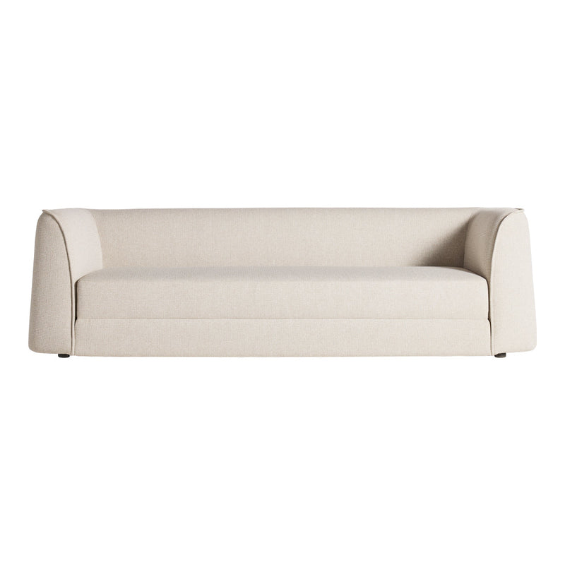 Beige upholstered sofa with a minimalist design and textured fabric, featuring smooth, rounded arms.