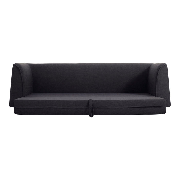 Dark gray minimalist sofa with smooth fabric and clean lines, ideal for modern living spaces.
