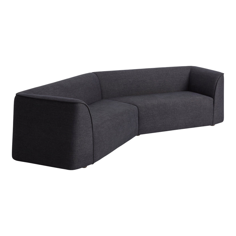 Modern dark gray sectional sofa with smooth, textured fabric and minimalist design, perfect for contemporary decor.