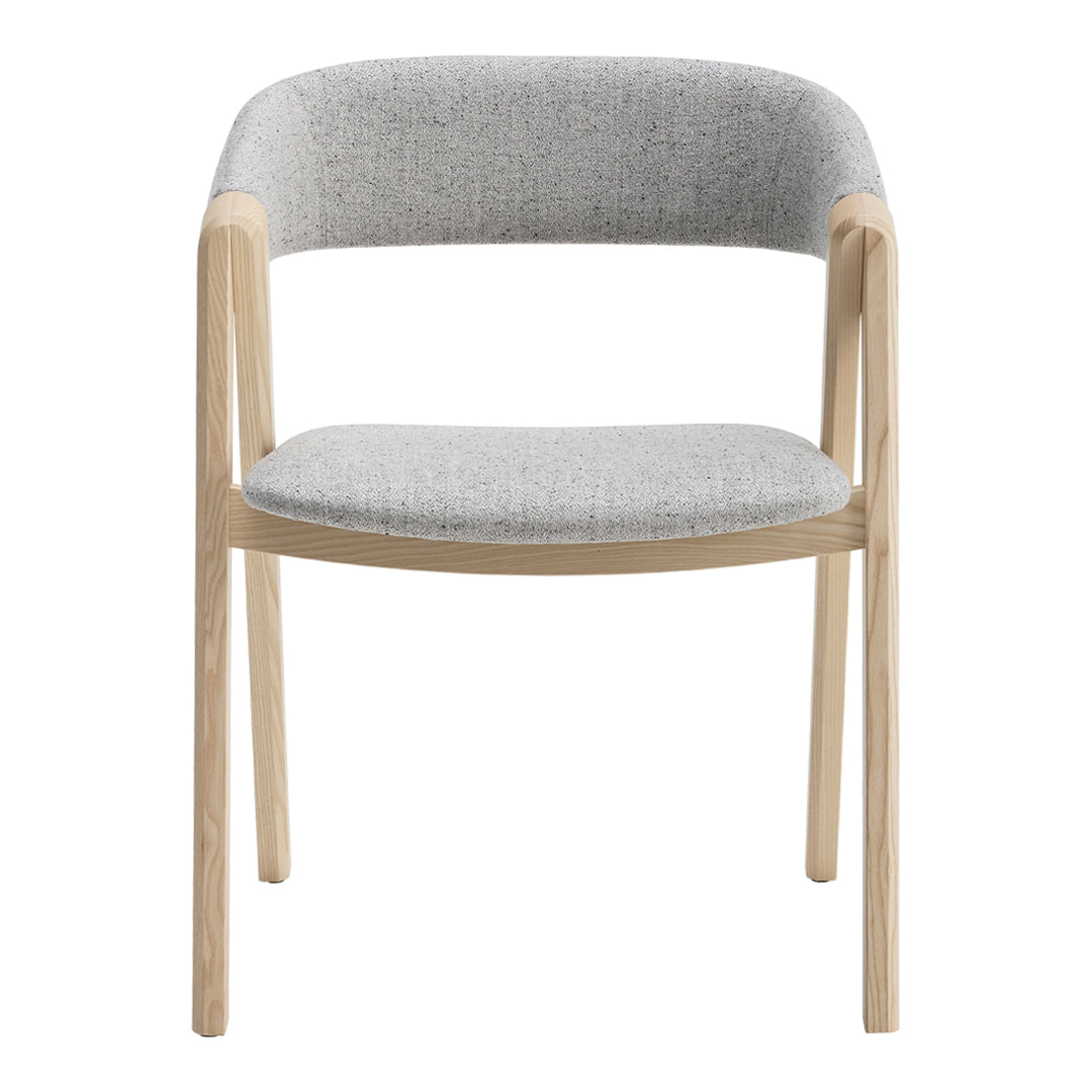 Grey upholstered chair with a textured seat and backrest, featuring light wooden legs. Simple, modern design.