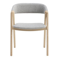 Grey upholstered chair with a textured seat and backrest, featuring light wooden legs. Simple, modern design.