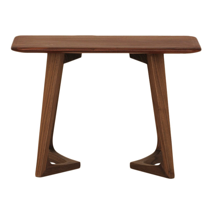 Wooden console table in rich brown finish with a smooth, sleek surface and modern angular legs.