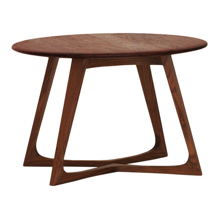 Round wooden coffee table with a rich brown finish and unique, angular base design. Ideal for modern decor.