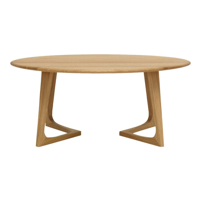 Round wooden coffee table with a natural oak finish and sleek geometric legs, showcasing a modern, minimalist design.