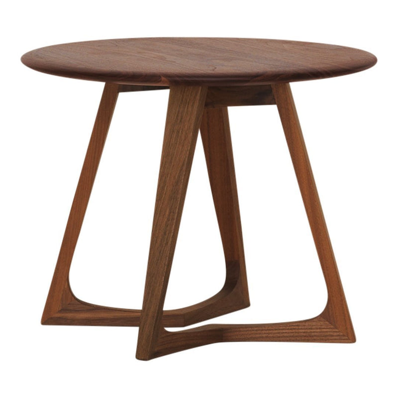 Round wooden side table with a rich brown finish and a smooth surface, featuring modern geometric legs.