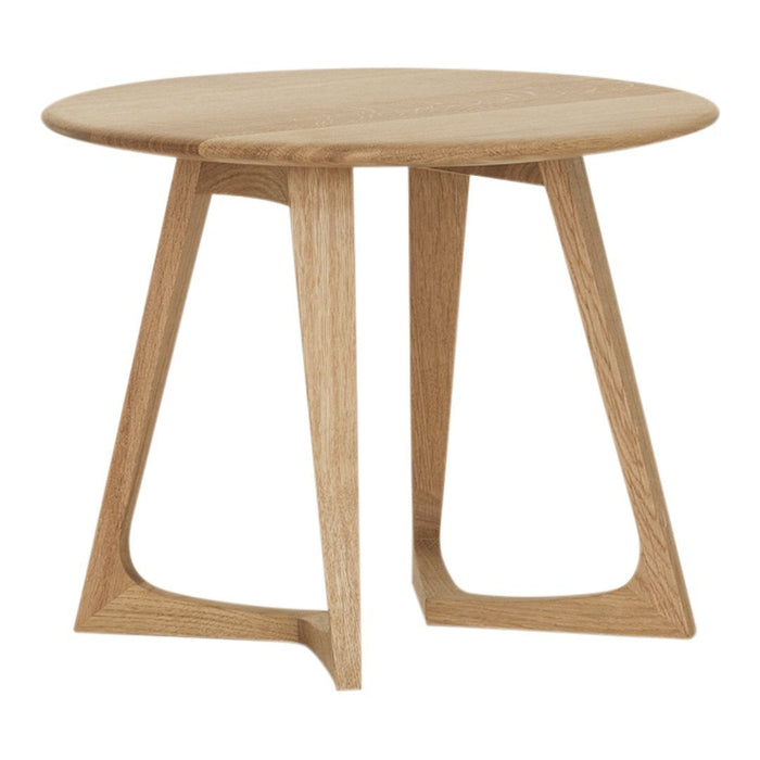 Light oak round table with a minimalist design and natural wood grain pattern. Ideal for modern indoor spaces.