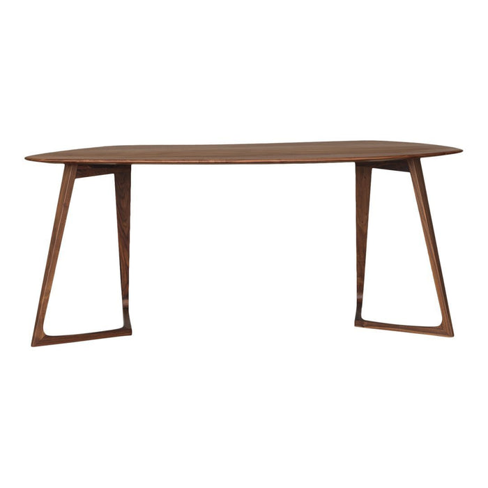 Mid-century modern wooden table with rich walnut finish and sleek, angular legs. Ideal for stylish decor.