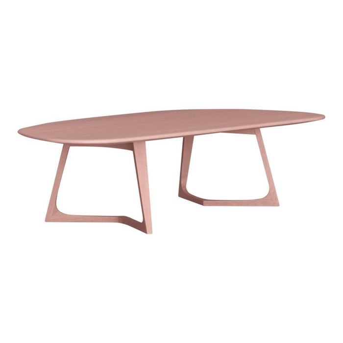 Oval pink coffee table with a smooth surface and minimalist design, featuring sleek legs in a matching hue.