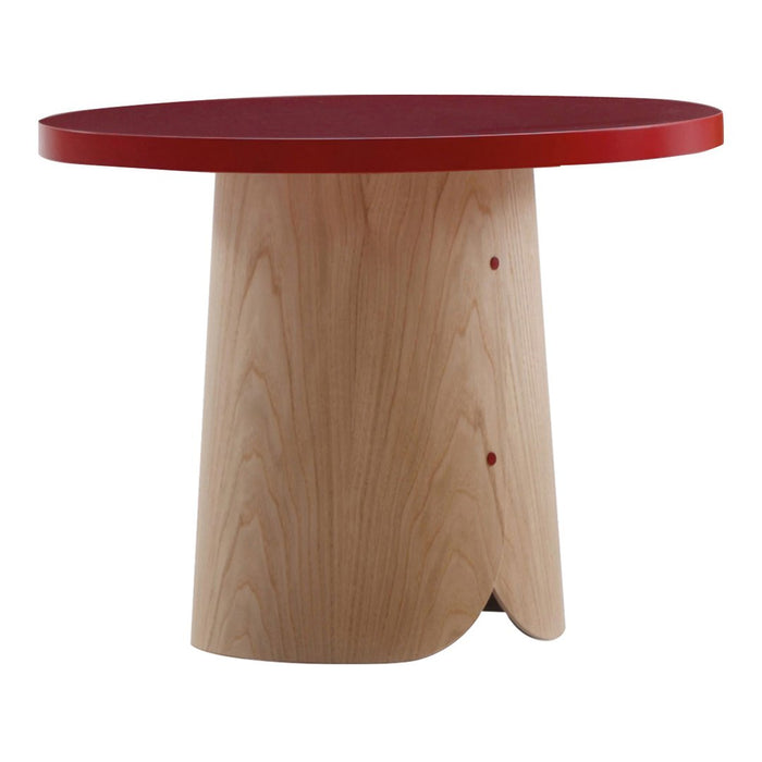 Round table with a vibrant red top and a light wood base, featuring a smooth, natural finish. Perfect for modern decor.
