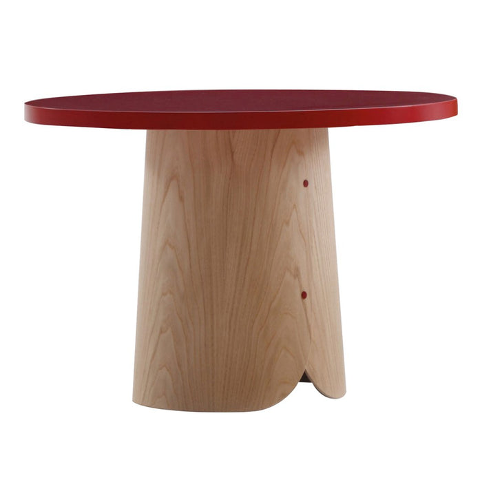 Round wooden table with a natural wood base and a vibrant red top, featuring a smooth finish and subtle grain patterns.