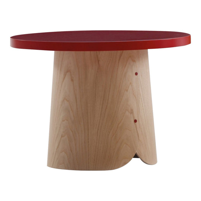 Round wooden table with a light wood base and a vibrant red top, featuring a smooth finish and minimalist design.
