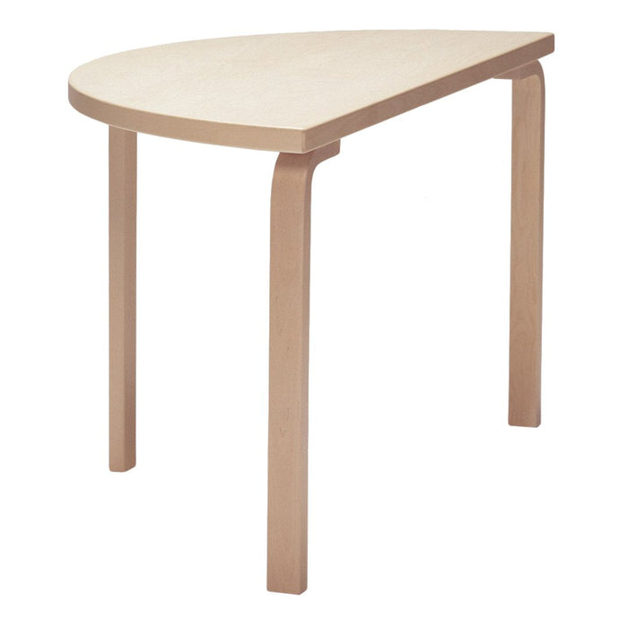 Light wood half-moon table with smooth surface and curved legs, perfect for modern decor.