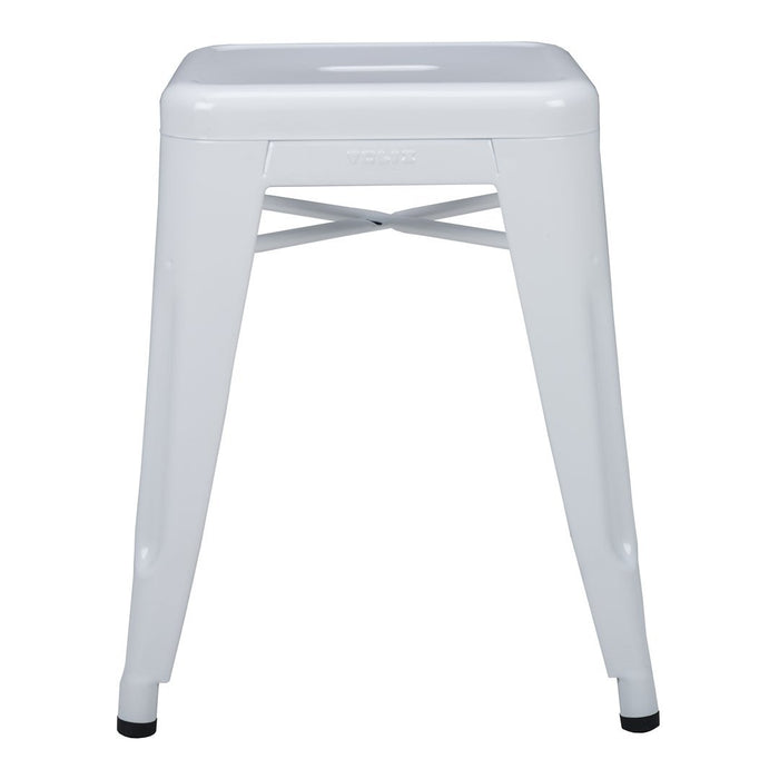 White metal stool with sleek, minimal design and a smooth, glossy finish, featuring a square top and tapered legs.