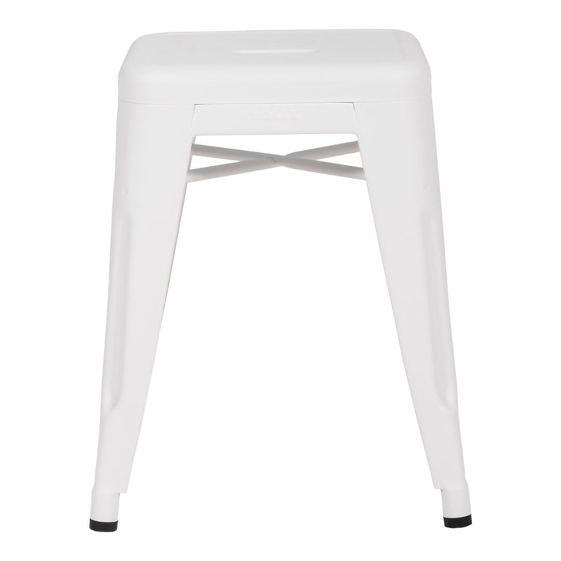 White metal stool with minimalist design and sleek lines, featuring black rubber feet for added stability.