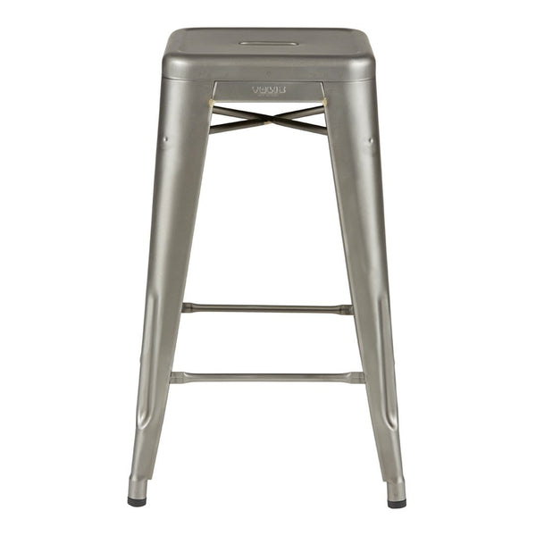 Metallic silver bar stool with a minimalist design and smooth, sleek surface. Perfect for modern decor.