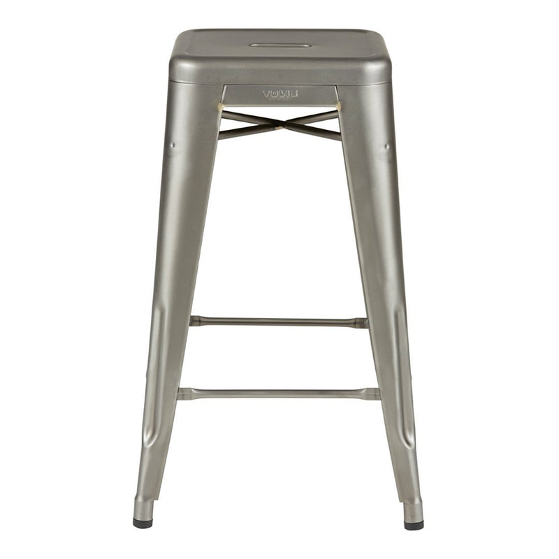 Metallic silver bar stool with a minimalist design and smooth, sleek surface. Perfect for modern decor.