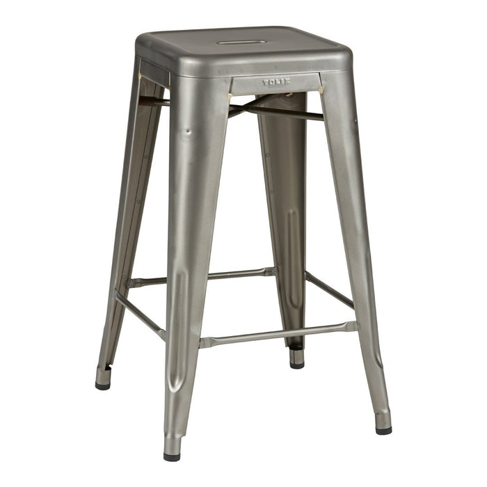 Metallic silver bar stool with a minimalist design and smooth, shiny finish. Suitable for modern decor.