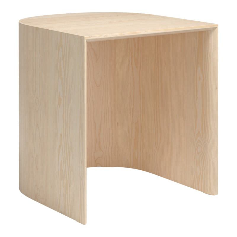Natural light wood side table with smooth, minimalist design and curved edges, perfect for modern decor.