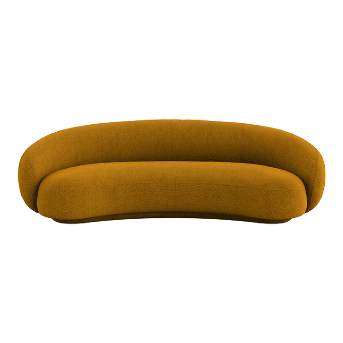 Curved mustard yellow sofa with a smooth, textured finish, perfect for modern decor. Stylish and inviting design.