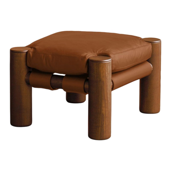Brown leather ottoman with wooden legs and smooth, rounded edges, perfect for modern decor.
